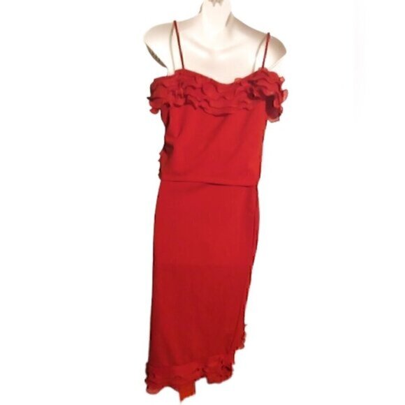 K TOO Red Tank Top &Skirt Asymmetrical Ruffle Bodycon 2pcs Set L - Picture 2 of 7